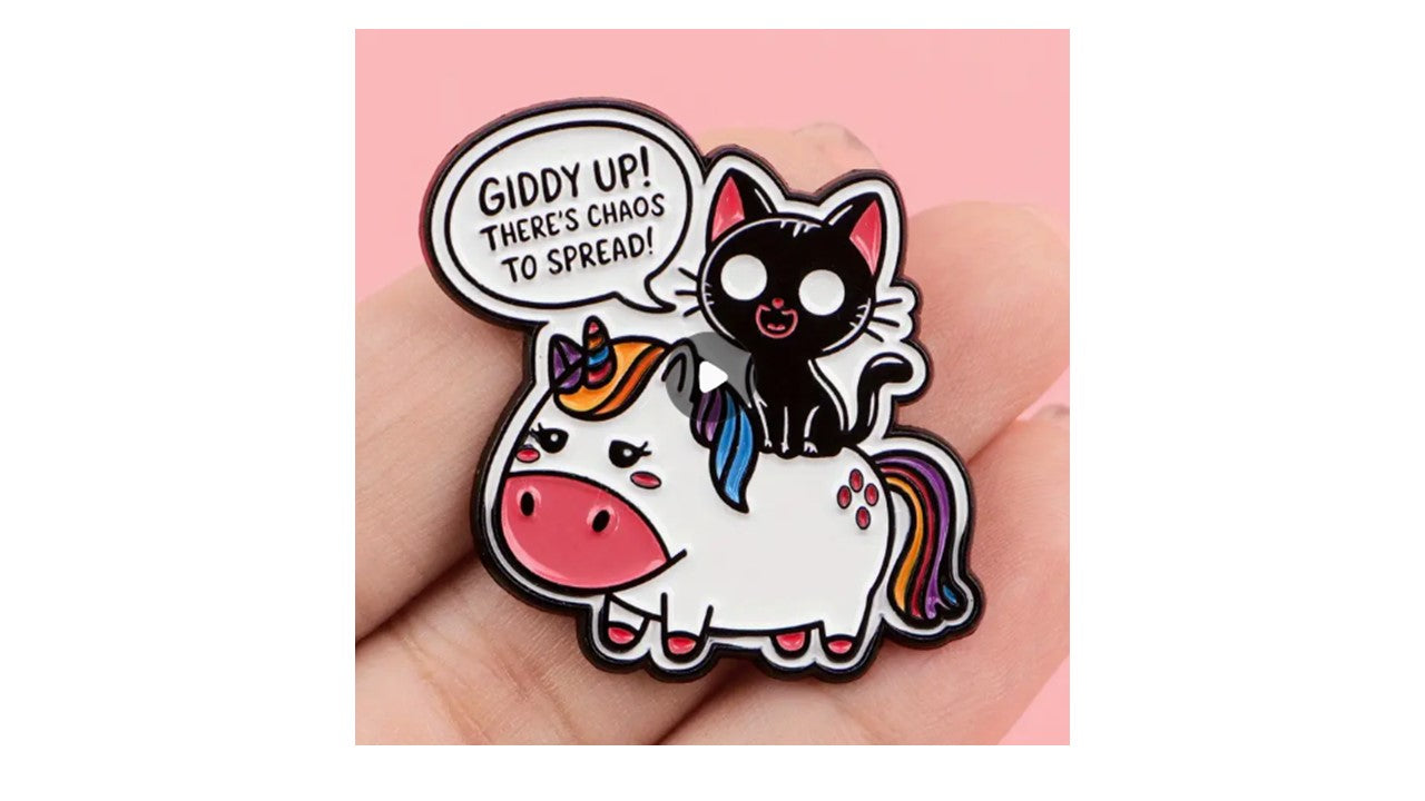 Black Cat Riding Unicorn Enamel Pin - Funny Chaos Cat Pin