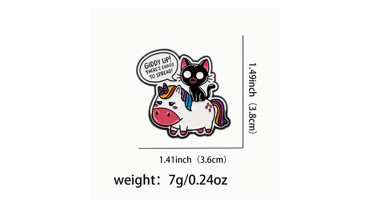 Black Cat Riding Unicorn Enamel Pin - Funny Chaos Cat Pin