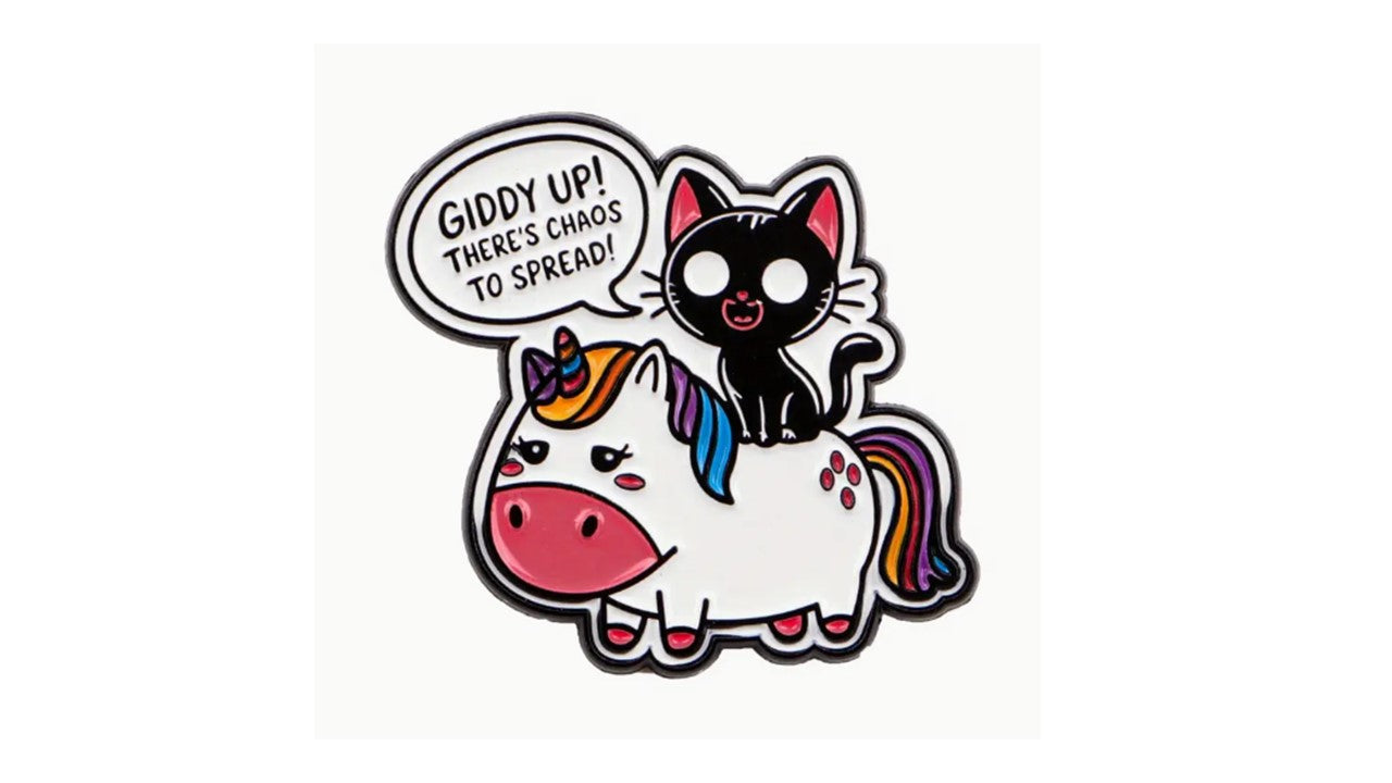 Black Cat Riding Unicorn Enamel Pin - Funny Chaos Cat Pin