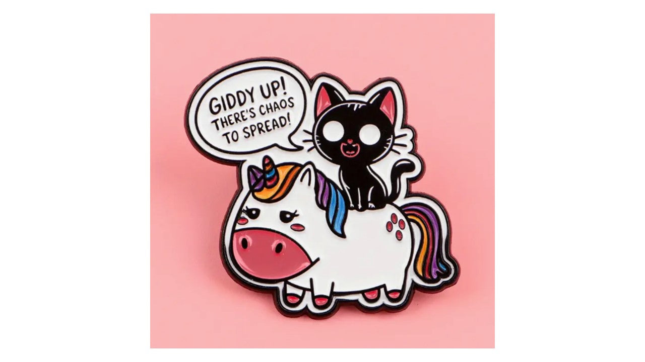 Black Cat Riding Unicorn Enamel Pin - Funny Chaos Cat Pin