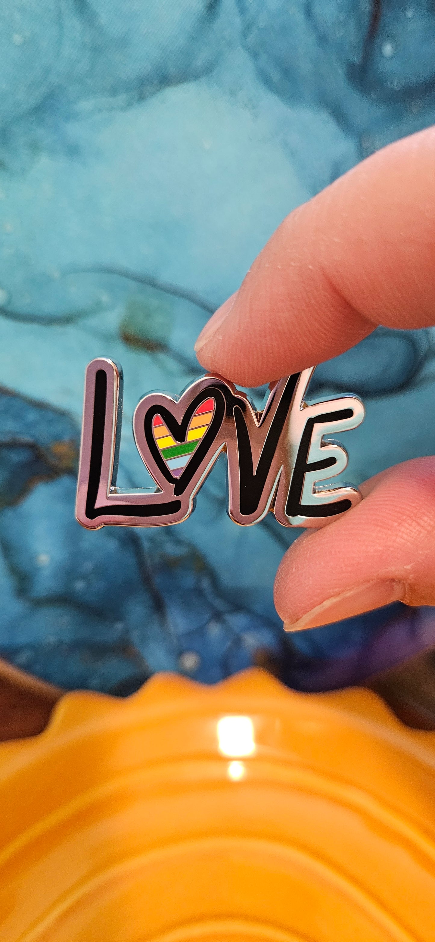Silver Metal Enamel Pin - LOVE with Rainbow Heart