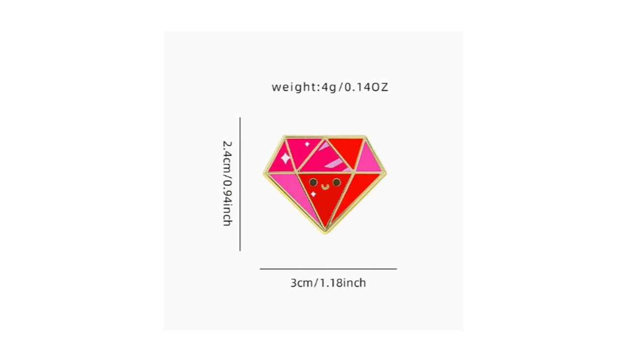 Kawaii Diamond Enamel Pin - Cute Smiling Gem Pin in Red & Pink