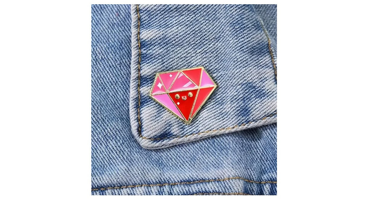 Kawaii Diamond Enamel Pin - Cute Smiling Gem Pin in Red & Pink