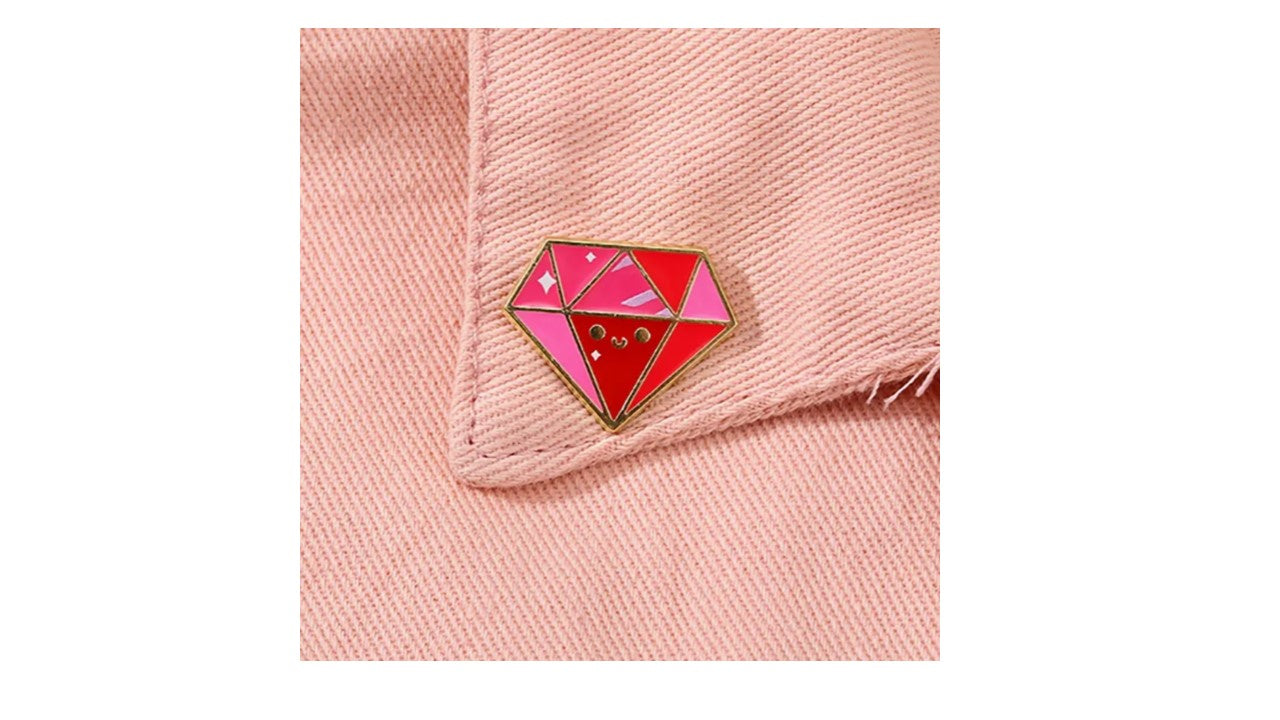 Kawaii Diamond Enamel Pin - Cute Smiling Gem Pin in Red & Pink