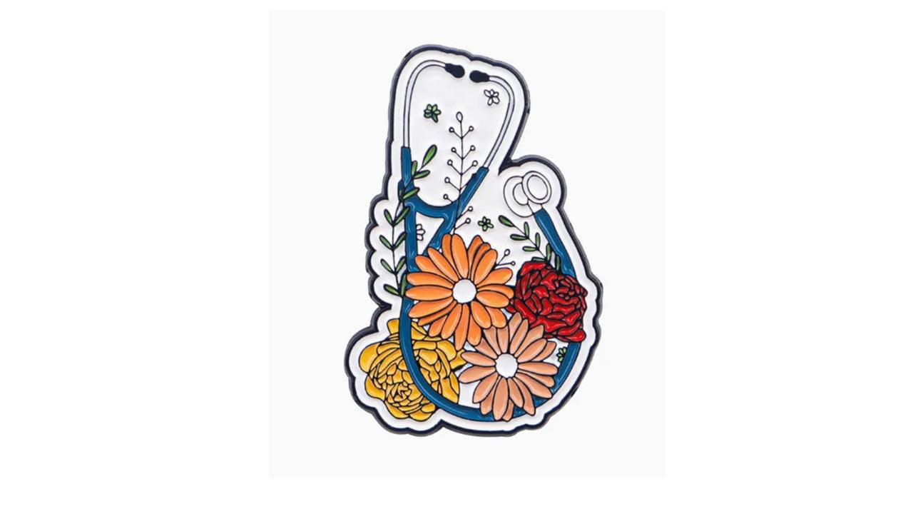 Blue Stethoscope Enamel Pin with Flowers - Medical Professional Lapel Pin